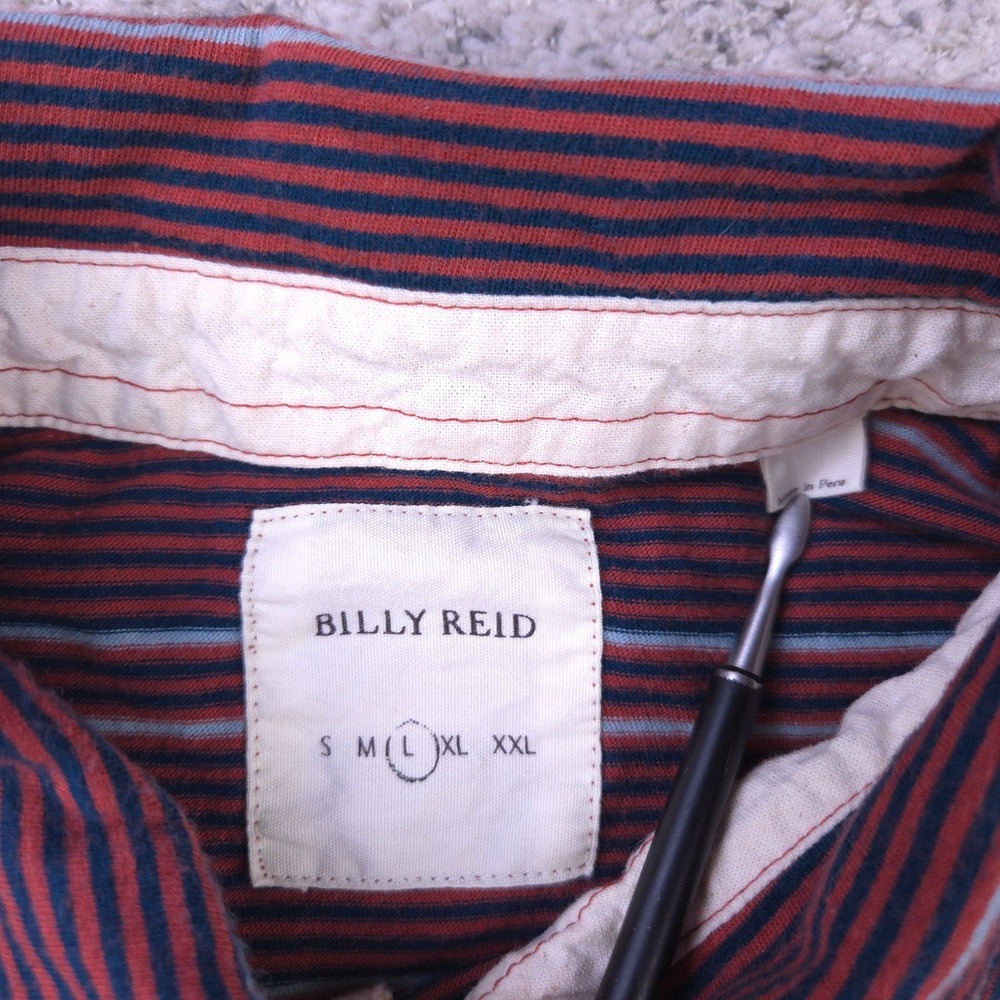 Billy Reid Polo Mens Large Shirt Short Sleeve Striped Collared Brick Navy Knit - Picture 4 of 8